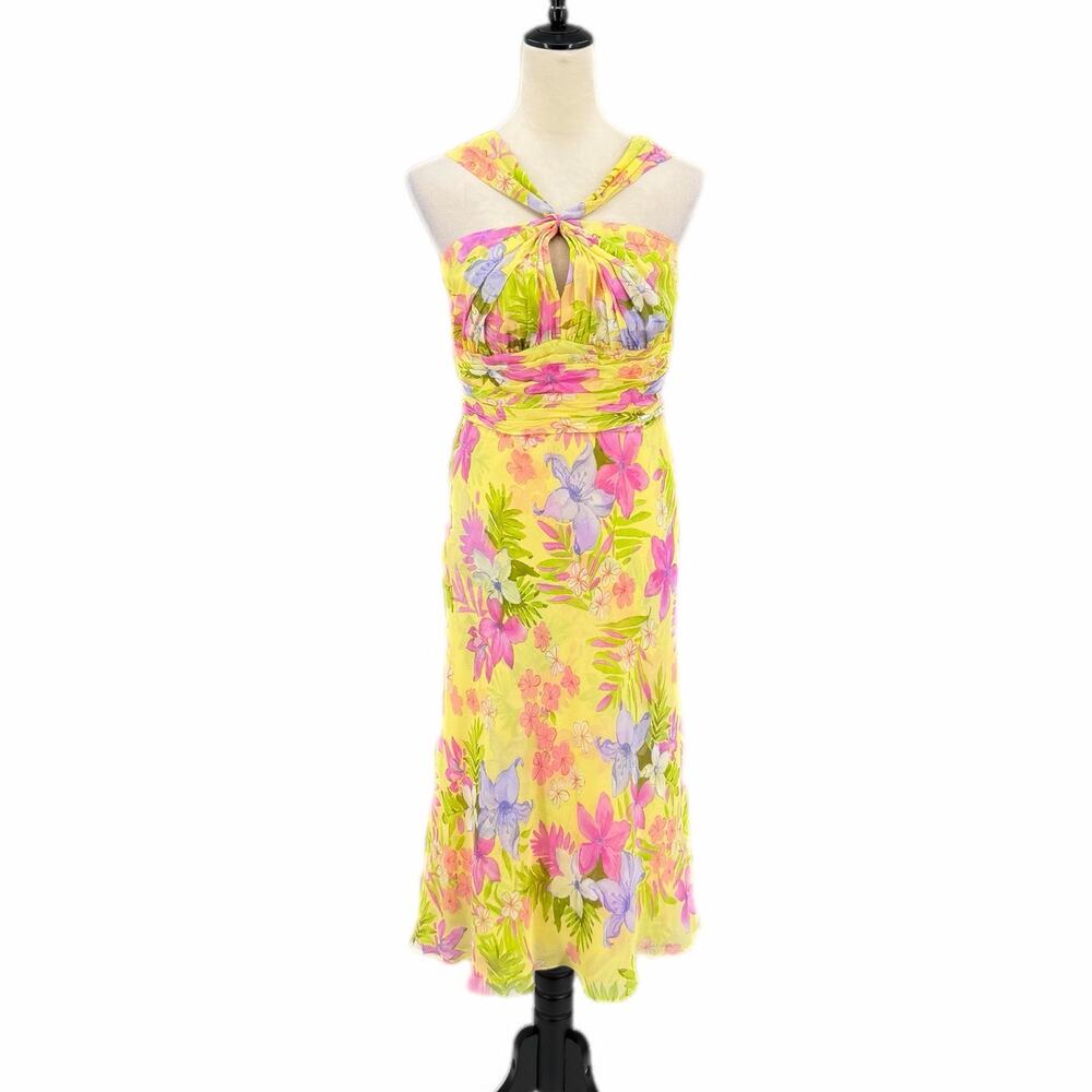 Anne Klein Vintage 90s Yellow Floral 100% Silk Feminine Date Halter Midi Dress